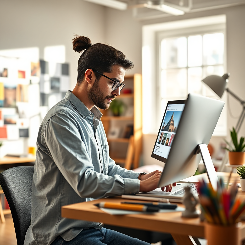 A photorealistic image of a designer working on a website mockup, with a focus on branding and visual appeal. The setting is a bright and airy design studio with mood boards and color swatches. The lighting is soft and natural, creating a sense of creativity and inspiration. The color palette is warm and inviting, with accents of various colors to represent different brand identities. The camera angle is a medium shot capturing the designer's focus and attention to detail. Texture details should emphasize the tactile nature of the design process and the visual richness of the mockup. Relevant props include design tools, color palettes, and mood boards. Style reference: A blend of lifestyle photography and design industry aesthetics. Technical specs: High resolution, detailed rendering with a focus on capturing the human element.