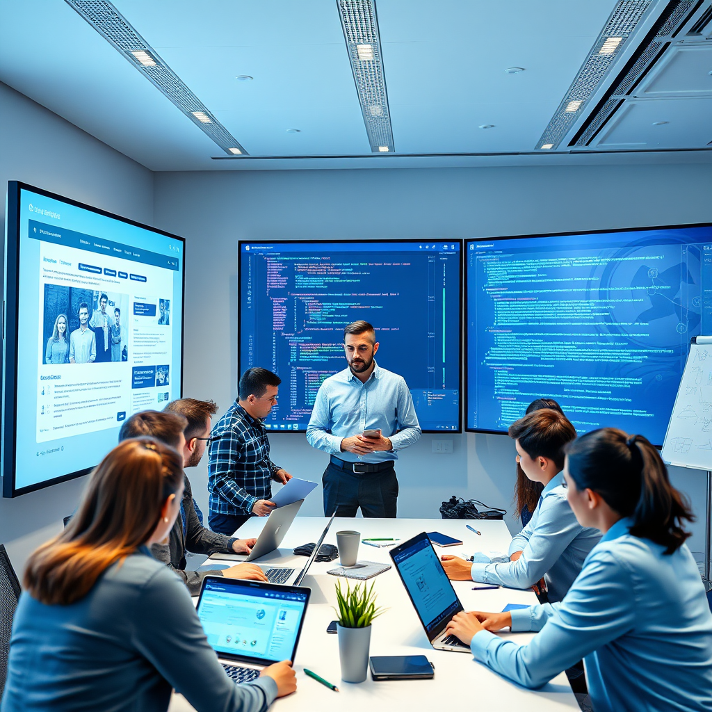 A photorealistic image of a project manager overseeing a diverse team of web developers, designers, and blockchain specialists collaborating on a website project. The setting is a modern, collaborative workspace with large screens displaying website mockups and code. The lighting is bright and professional, creating a sense of teamwork and efficiency. The color palette is clean and modern, with accents of blue and green to represent technology and innovation. The camera angle is a medium shot capturing the energy and focus of the team. Texture details should emphasize the professionalism of the environment and the expertise of the individuals. Relevant props include laptops, tablets, and whiteboards filled with diagrams and notes. Style reference: A blend of corporate photography and tech industry aesthetics. Technical specs: High resolution, detailed rendering with a focus on capturing the human element.