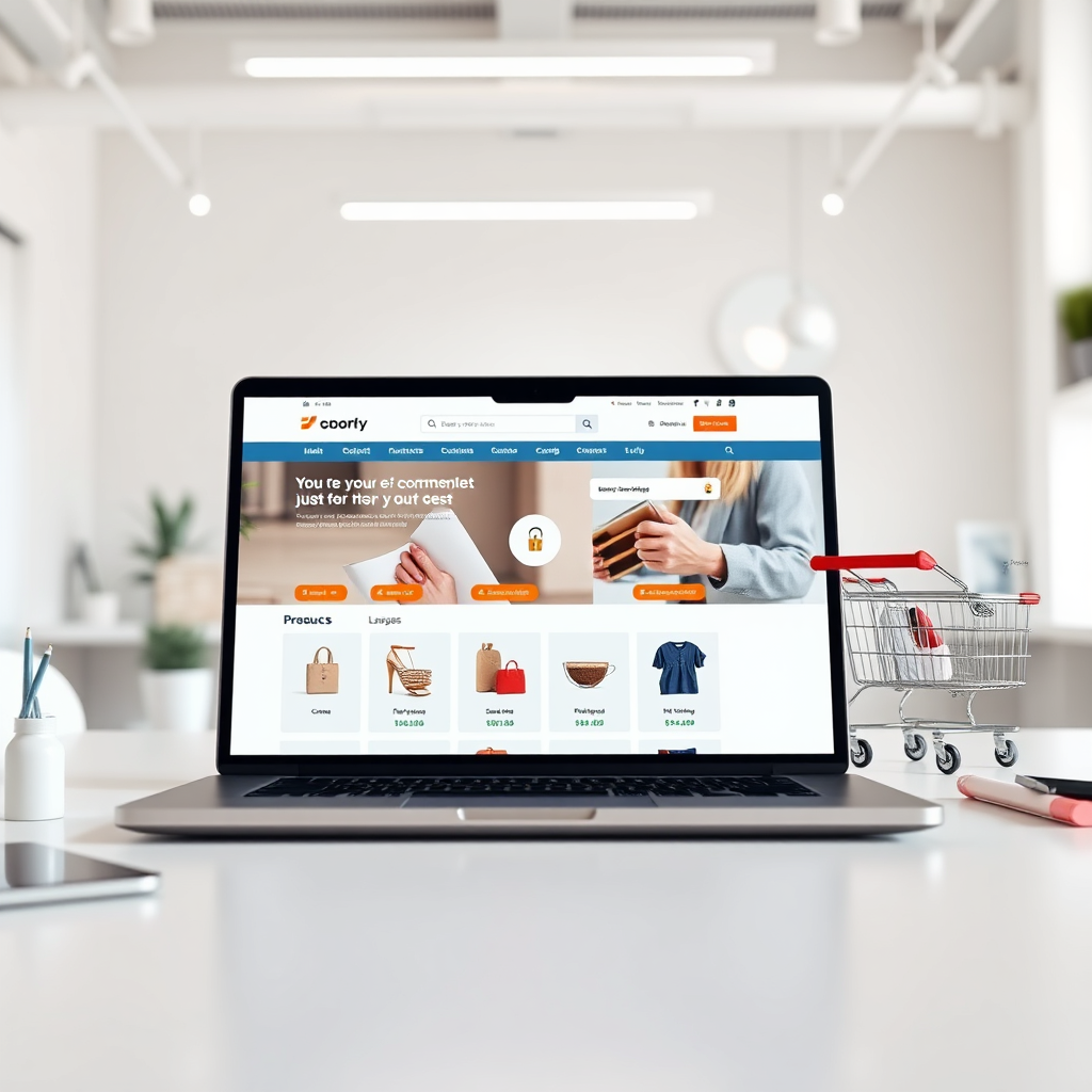 A photorealistic image of an e-commerce website interface on a laptop, showcasing various products and secure payment options. The setting is a bright and modern workspace with a focus on online shopping. The lighting is soft and diffused, creating a sense of trust and convenience. The color palette consists of neutral tones with pops of color to represent the products and the brand's identity. The camera angle is a medium shot focusing on the laptop screen and the e-commerce interface. Texture details should emphasize the security and user-friendliness of the website. Relevant props include product images, shopping carts, and payment gateways. Style reference: E-commerce industry aesthetics with a focus on user experience. Technical specs: High resolution, detailed rendering with a focus on clarity and realism.