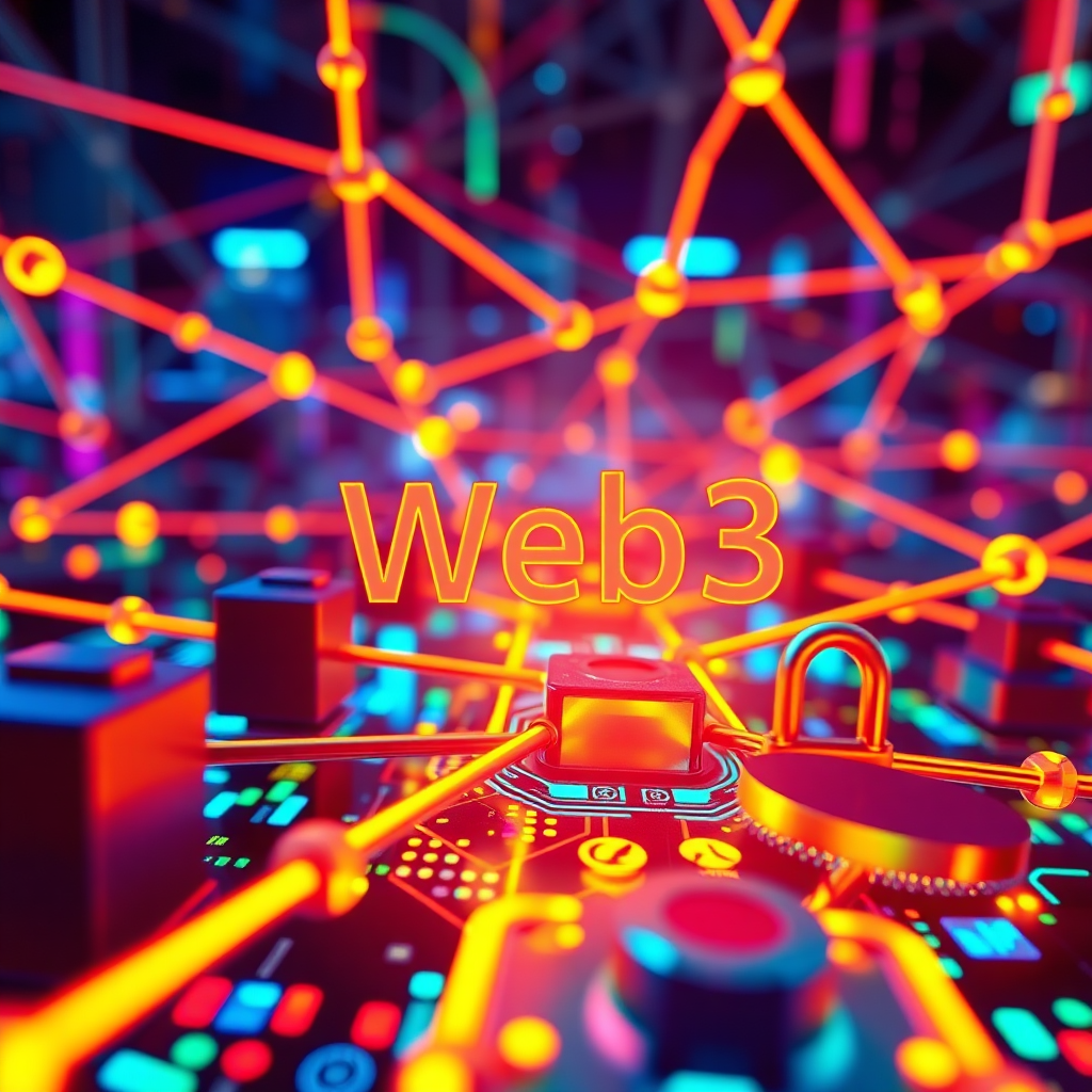 A stylized image representing Web3 development. The subject is a blockchain network with interconnected nodes and smart contracts being executed. The lighting is vibrant and dynamic, highlighting the innovation and potential of Web3 technology. The color palette consists of bright, neon colors to represent decentralization, security, and transparency. The camera angle is a close-up shot focusing on the blockchain network and the execution of smart contracts. Texture details should emphasize the cryptographic nature of the process. Relevant props include stylized representations of data packets and cryptographic keys. Style reference: Cyberpunk aesthetics with a focus on technology and decentralization. Technical specs: High resolution, visually engaging rendering with a focus on clarity and symbolism.