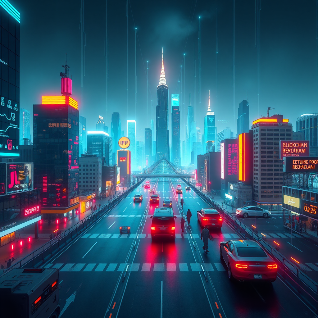 A stylized image representing future-proof technology. The subject is a futuristic cityscape with holographic projections of emerging technologies, such as blockchain, AI, and IoT. The lighting is vibrant and dynamic, highlighting the innovation and progress of the digital landscape. The color palette consists of bright, neon colors to represent technology, innovation, and the future. The camera angle is a wide shot showcasing the scale and complexity of the cityscape. Texture details should emphasize the sleekness and modernity of the environment. Relevant props include stylized representations of data streams, holographic displays, and futuristic vehicles. Style reference: Cyberpunk aesthetics with a focus on innovation and technology. Technical specs: High resolution, visually engaging rendering with a focus on detail and symbolism.