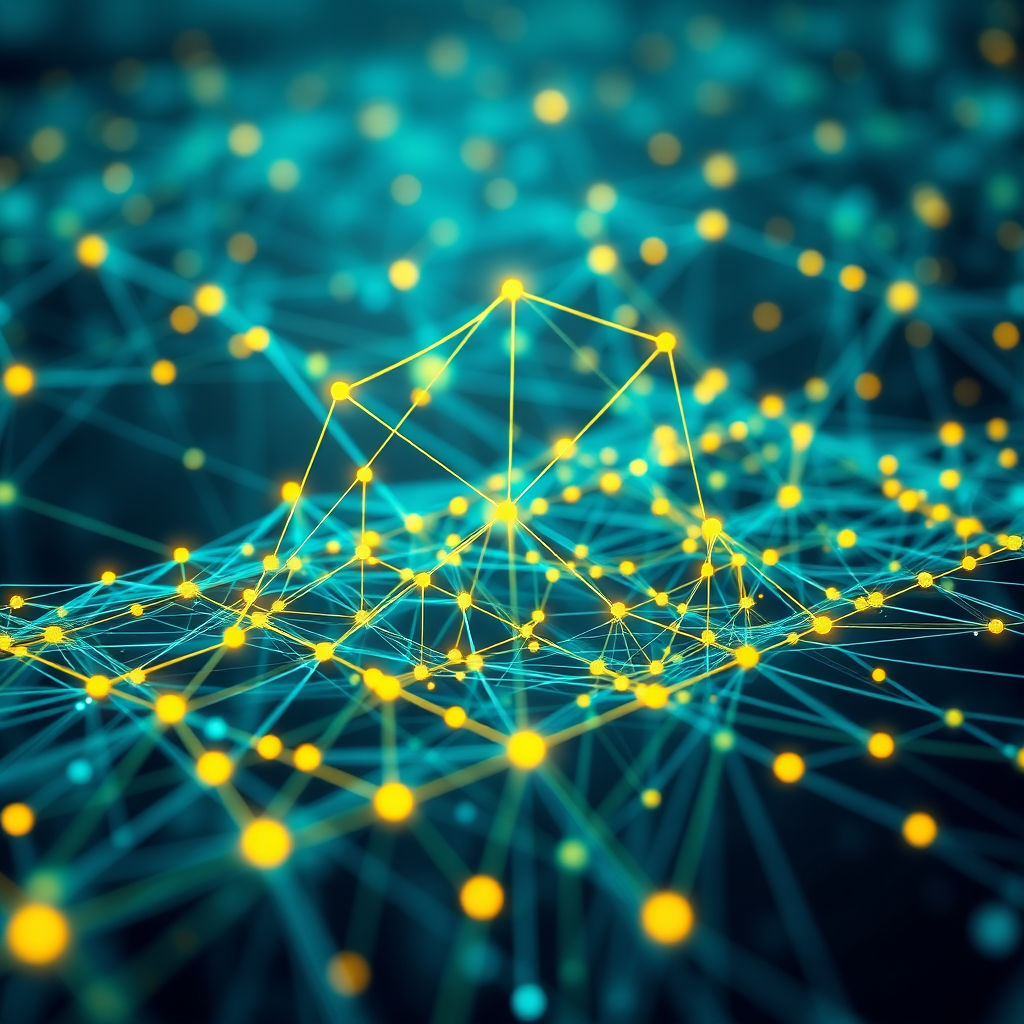 A stylized image representing a scalable web architecture. The subject is a network of interconnected nodes forming a resilient and adaptable structure. The lighting is dynamic, highlighting the flow of data and the responsiveness of the system. The color palette is a blend of blues, greens, and yellows to represent technology, growth, and energy. The camera angle is a wide shot showcasing the scale and complexity of the network. Texture details should emphasize the interconnectedness and redundancy of the system. Relevant props include stylized representations of data packets and servers. Style reference: Abstract art with a focus on network topology. Technical specs: High resolution, visually engaging rendering with a focus on detail and symbolism.